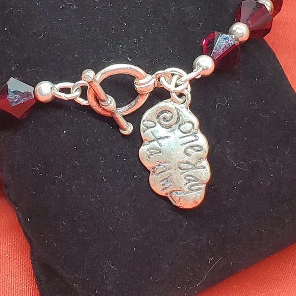 Genuine Swarovski Garnet Crystal Toggle Bracelet with One Day at Time Charm - Picture 6 of 9